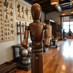 A Wing Chun wooden dummy displayed in a traditional martial arts studio
