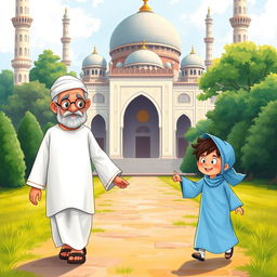 A heartwarming scene illustrating a Muslim grandfather dressed in a traditional white shalwar qameez, walking hand-in-hand with a cheerful Muslim kid