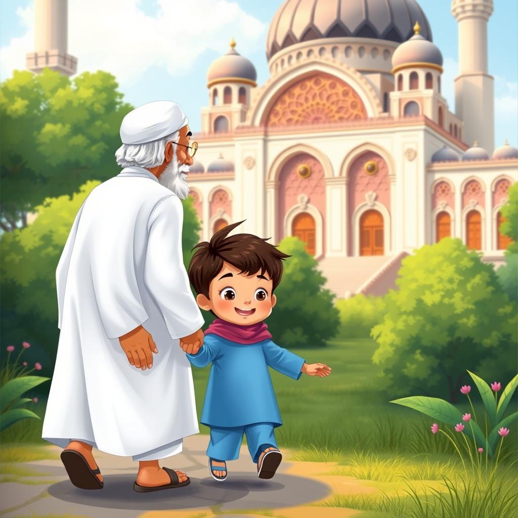 A heartwarming scene illustrating a Muslim grandfather dressed in a traditional white shalwar qameez, walking hand-in-hand with a cheerful Muslim kid