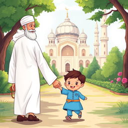 A heartwarming scene illustrating a Muslim grandfather dressed in a traditional white shalwar qameez, walking hand-in-hand with a cheerful Muslim kid