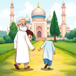 A heartwarming scene illustrating a Muslim grandfather dressed in a traditional white shalwar qameez, walking hand-in-hand with a cheerful Muslim kid