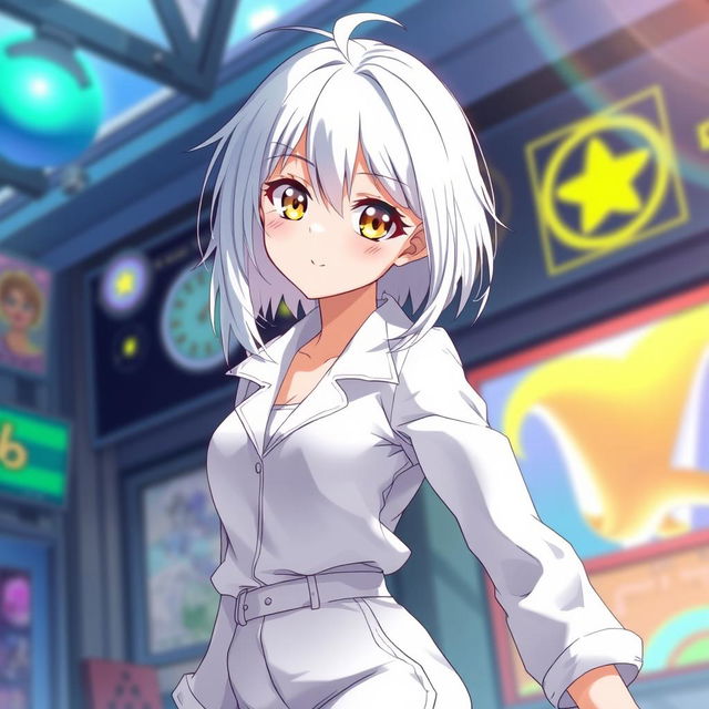 An anime-style teenage character with white hair and bright yellow eyes, wearing a stylish white outfit