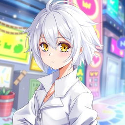 An anime-style teenage character with white hair and bright yellow eyes, wearing a stylish white outfit