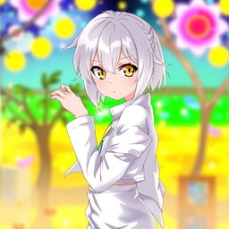 An anime-style teenage character with white hair and bright yellow eyes, wearing a stylish white outfit