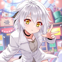 An anime-style teenage character with white hair and bright yellow eyes, wearing a stylish white outfit