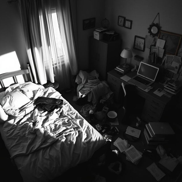 A black and white photograph of a messy bedroom, featuring unmade bed with crumpled sheets, discarded clothes strewn across the floor, scattered books on a nightstand, a cluttered desk with an open laptop and various papers, and a window with drawn curtains casting soft light into the room