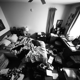 A black and white photograph of a messy bedroom, featuring unmade bed with crumpled sheets, discarded clothes strewn across the floor, scattered books on a nightstand, a cluttered desk with an open laptop and various papers, and a window with drawn curtains casting soft light into the room