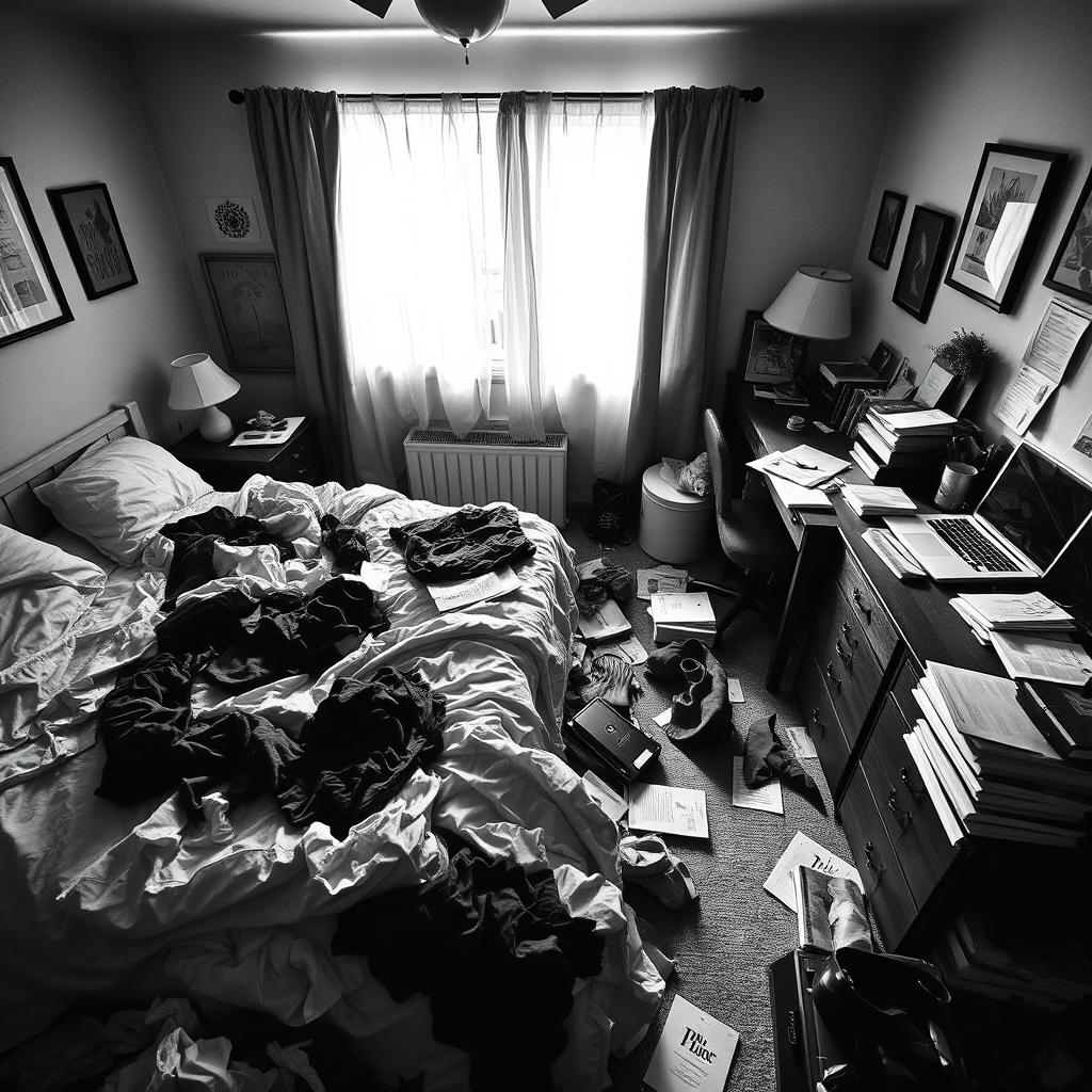 A black and white photograph of a messy bedroom, featuring unmade bed with crumpled sheets, discarded clothes strewn across the floor, scattered books on a nightstand, a cluttered desk with an open laptop and various papers, and a window with drawn curtains casting soft light into the room