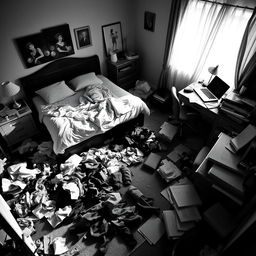 A black and white photograph of a messy bedroom, featuring unmade bed with crumpled sheets, discarded clothes strewn across the floor, scattered books on a nightstand, a cluttered desk with an open laptop and various papers, and a window with drawn curtains casting soft light into the room