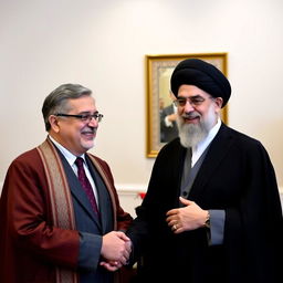A portrait depicting a friendly meeting between two prominent figures: Mohammad Reza Golzar and Seyyed Ali Khamenei
