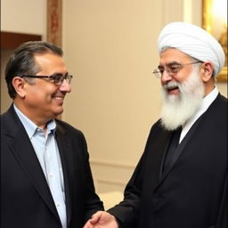 A portrait depicting a friendly meeting between two prominent figures: Mohammad Reza Golzar and Seyyed Ali Khamenei