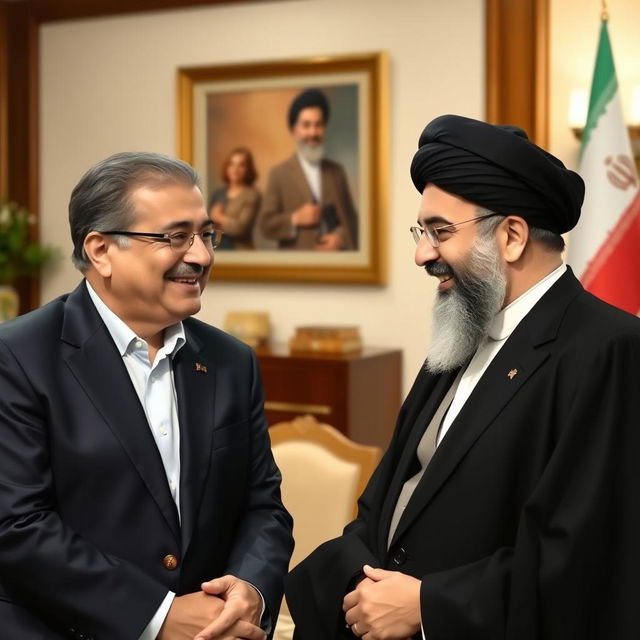 A portrait depicting a friendly meeting between two prominent figures: Mohammad Reza Golzar and Seyyed Ali Khamenei