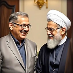 A portrait depicting a friendly meeting between two prominent figures: Mohammad Reza Golzar and Seyyed Ali Khamenei