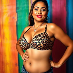 A 20-year-old Salvadoran woman, confidently wearing a leopard print bra, proudly showcasing her curves and large bust