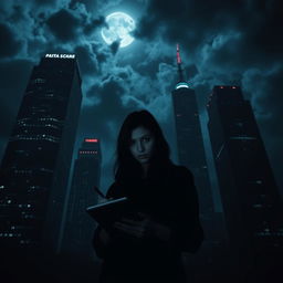 A mysterious and dark scene featuring silhouetted skyscrapers towering high, decorated with dazzling neon lights illuminating the night
