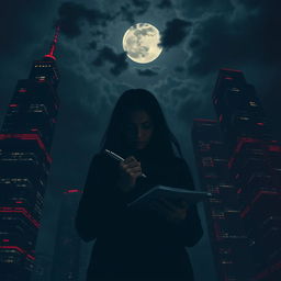 A mysterious and dark scene featuring silhouetted skyscrapers towering high, decorated with dazzling neon lights illuminating the night