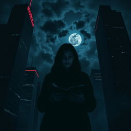 A mysterious and dark scene featuring silhouetted skyscrapers towering high, decorated with dazzling neon lights illuminating the night