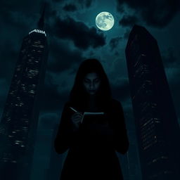 A mysterious and dark scene featuring silhouetted skyscrapers towering high, decorated with dazzling neon lights illuminating the night