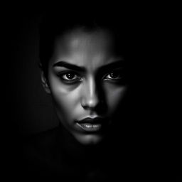 A striking black and white portrait of a person with deep shadows and high contrast, showcasing strong facial features and a captivating expression
