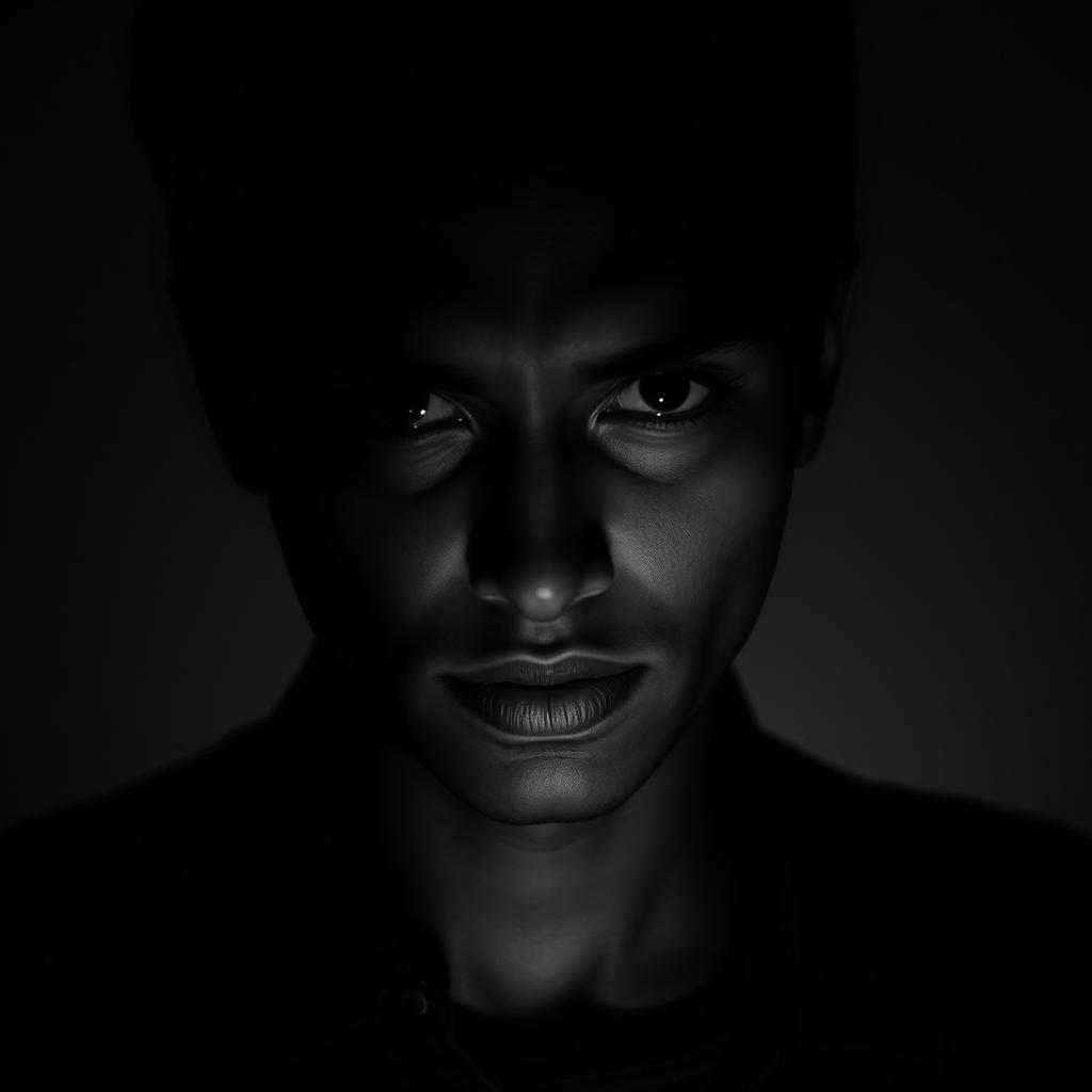 A striking black and white portrait of a person with deep shadows and high contrast, showcasing strong facial features and a captivating expression