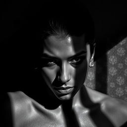 A striking black and white portrait of a person with deep shadows and high contrast, showcasing strong facial features and a captivating expression