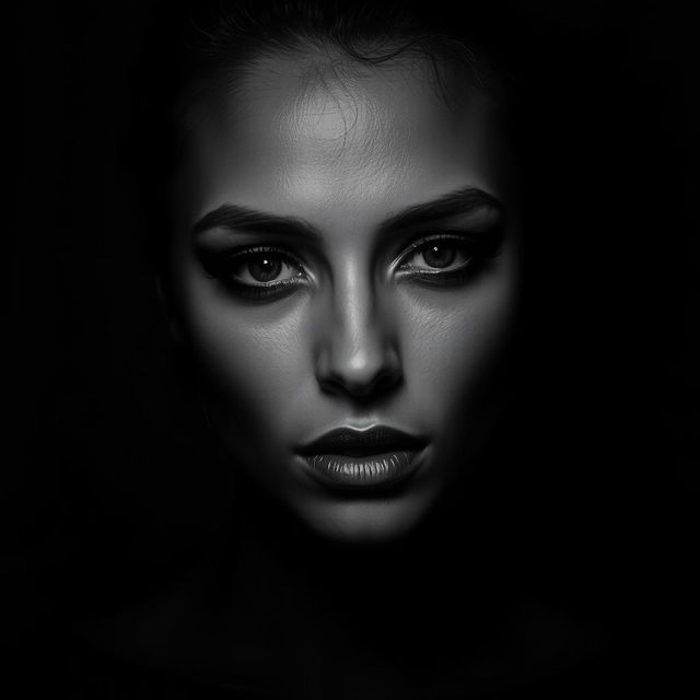 A striking black and white portrait of a person with deep shadows and high contrast, showcasing strong facial features and a captivating expression