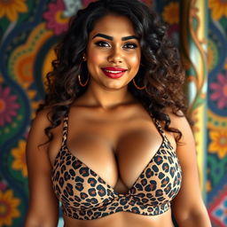 A 20-year-old Salvadoran woman wearing a sexy leopard print bra, confidently displaying her large bust and curvaceous figure