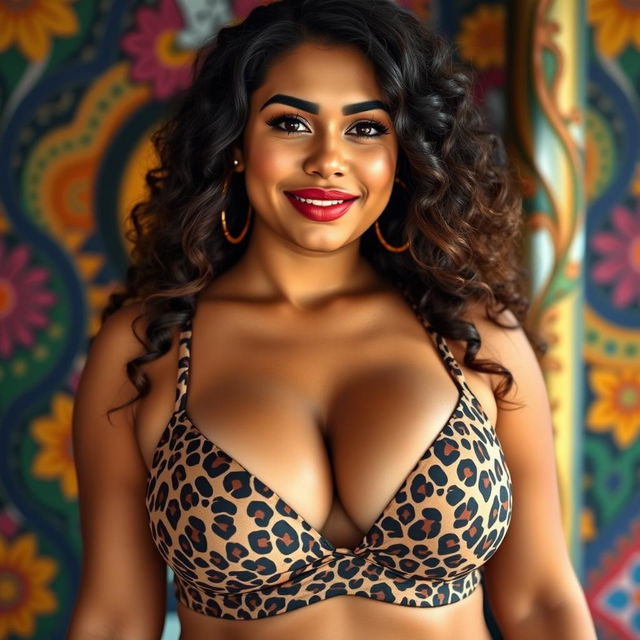 A 20-year-old Salvadoran woman wearing a sexy leopard print bra, confidently displaying her large bust and curvaceous figure