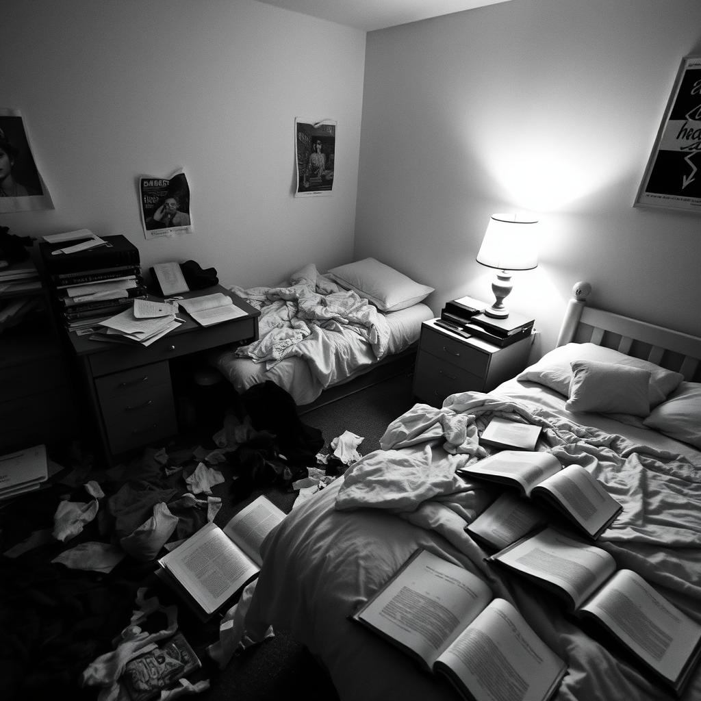 A messy bedroom captured in black and white