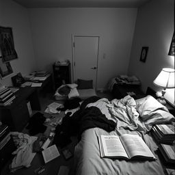 A messy bedroom captured in black and white
