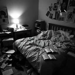 A messy bedroom captured in black and white