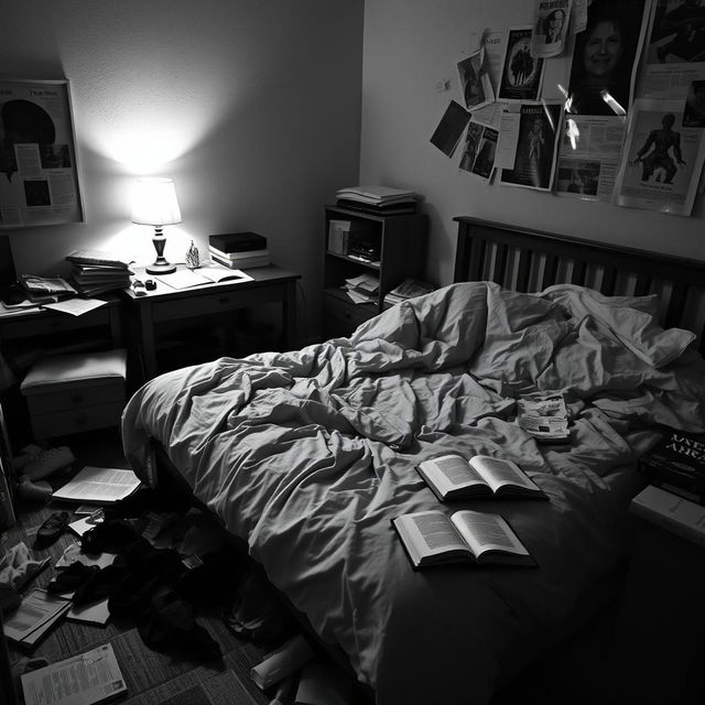 A messy bedroom captured in black and white