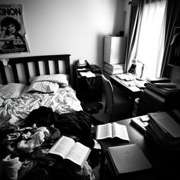 A messy bedroom captured in black and white