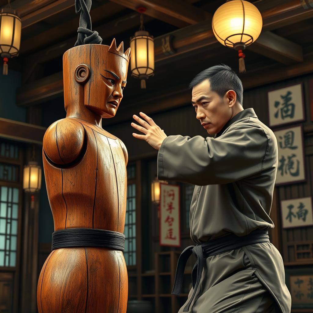 A beautifully detailed depiction of the Wing Chun Mook Yan Jong (Wooden Dummy) practice scene, featuring a Kung Fu martial artist in traditional attire demonstrating striking techniques against the wooden dummy