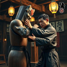 A beautifully detailed depiction of the Wing Chun Mook Yan Jong (Wooden Dummy) practice scene, featuring a Kung Fu martial artist in traditional attire demonstrating striking techniques against the wooden dummy