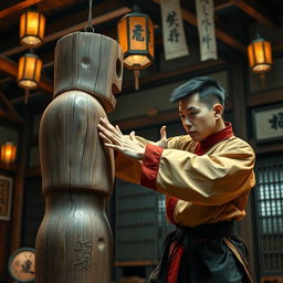 A beautifully detailed depiction of the Wing Chun Mook Yan Jong (Wooden Dummy) practice scene, featuring a Kung Fu martial artist in traditional attire demonstrating striking techniques against the wooden dummy