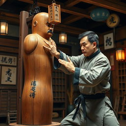 A beautifully detailed depiction of the Wing Chun Mook Yan Jong (Wooden Dummy) practice scene, featuring a Kung Fu martial artist in traditional attire demonstrating striking techniques against the wooden dummy