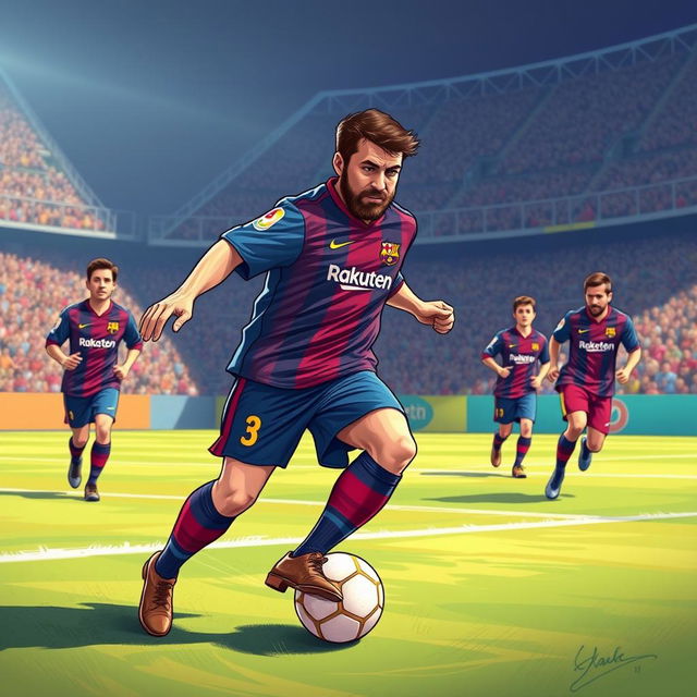 An imaginative illustration of Seyyed Ali Khamenei dressed in a FC Barcelona soccer kit, actively participating in a soccer match