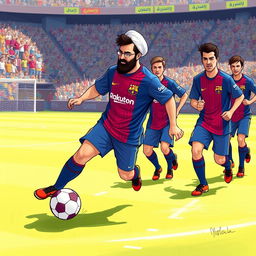 An imaginative illustration of Seyyed Ali Khamenei dressed in a FC Barcelona soccer kit, actively participating in a soccer match