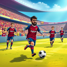 An imaginative illustration of Seyyed Ali Khamenei dressed in a FC Barcelona soccer kit, actively participating in a soccer match