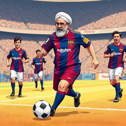 An imaginative illustration of Seyyed Ali Khamenei dressed in a FC Barcelona soccer kit, actively participating in a soccer match