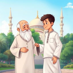 A charming illustration of a Muslim grandfather wearing a traditional white shalwar qameez, gently guiding his grandson towards a mosque