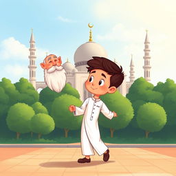 A charming illustration of a Muslim grandfather wearing a traditional white shalwar qameez, gently guiding his grandson towards a mosque