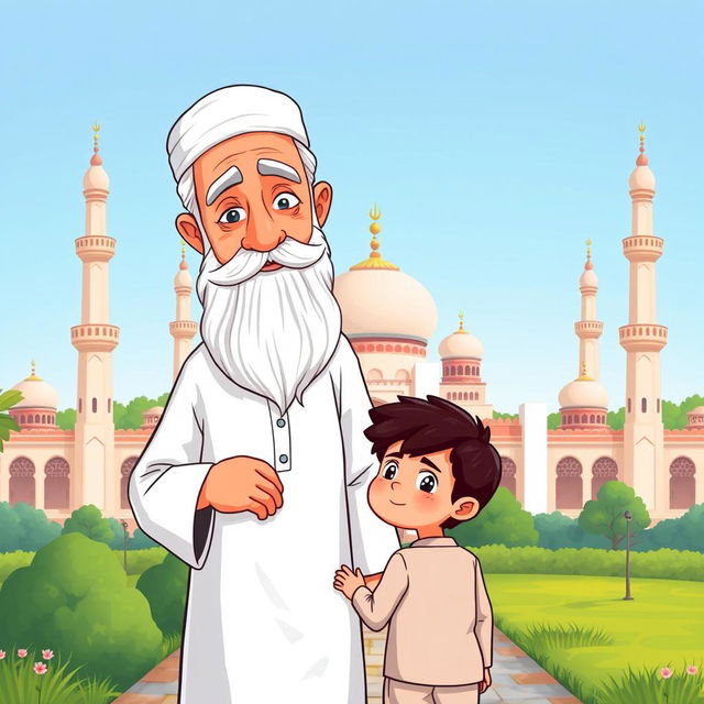 A charming illustration of a Muslim grandfather wearing a traditional white shalwar qameez, gently guiding his grandson towards a mosque