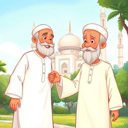 A charming illustration of a Muslim grandfather wearing a traditional white shalwar qameez, gently guiding his grandson towards a mosque