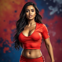 A beautiful 20-year-old Salvadoran woman, dressed in a tight-fitting, short soccer jersey with a plunging neckline that accentuates her large breasts