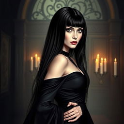 A portrait of Morticia Addams, the iconic character from The Addams Family