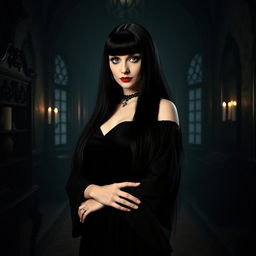 A portrait of Morticia Addams, the iconic character from The Addams Family