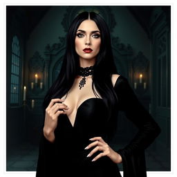 A portrait of Morticia Addams, the iconic character from The Addams Family
