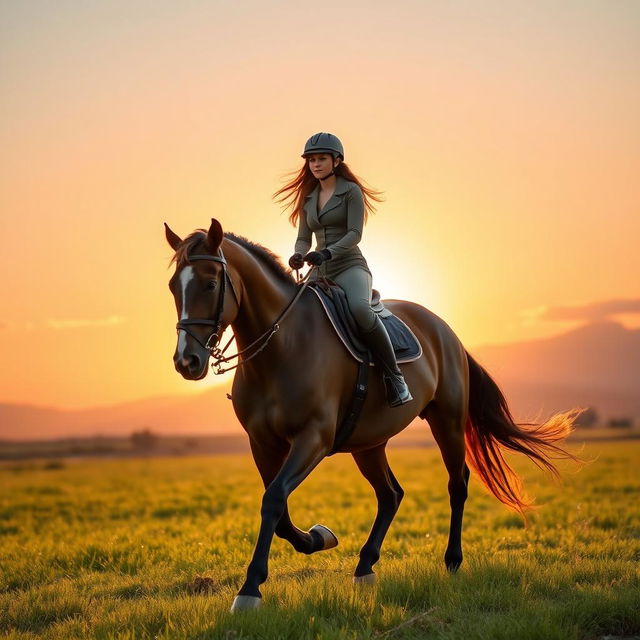 A young woman riding a majestic brown horse in an open field